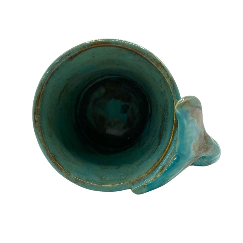 Vintage Studio Pottery Mug Mermaid Tail Handle Turquoise Teal Green Coffee Cup
