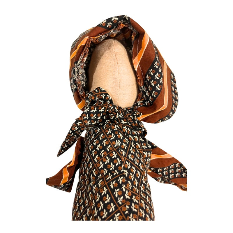 Vintage Handmade Fabric Folk Art Doll Hooded Dress Patterned Lace Trim 18 Inch