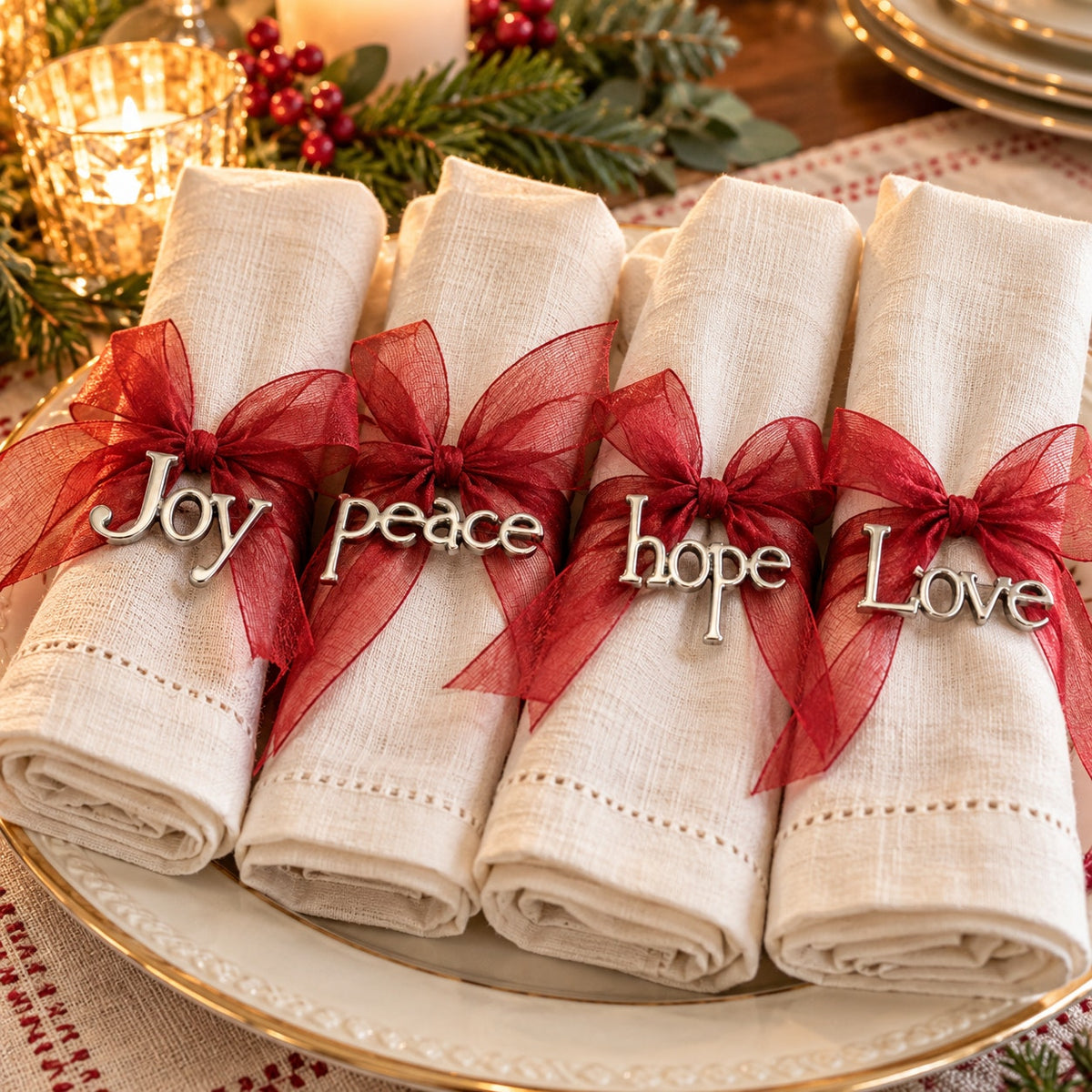 The Bombay Company Napkin Ties Joy Peace Hope Love Red Sheer Ribbon Set 4 NIB