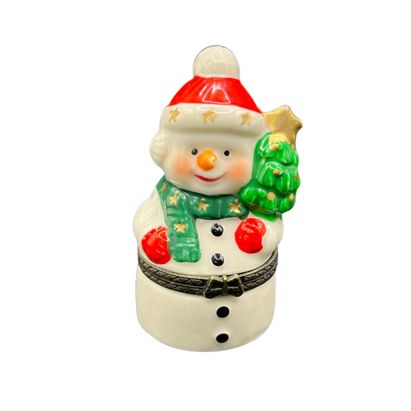 Vintage Ceramic Snowman Hinged Trinket Box Holiday Figurine Keepsake 3 In