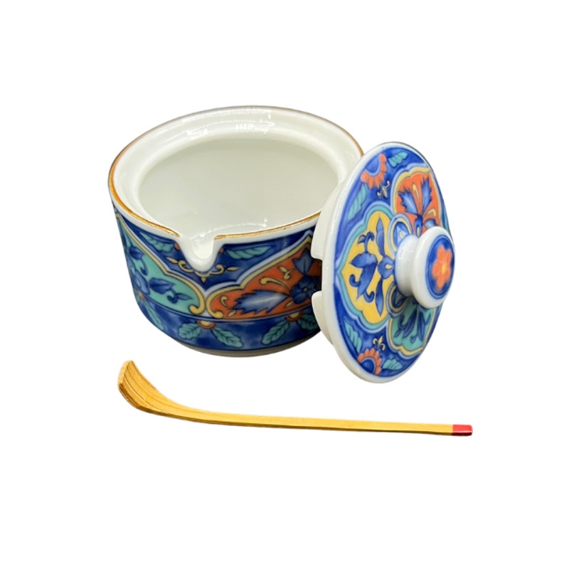 Vintage Chinese Porcelain Floral Mustard Pot Lid Wooden Spoon and Box
