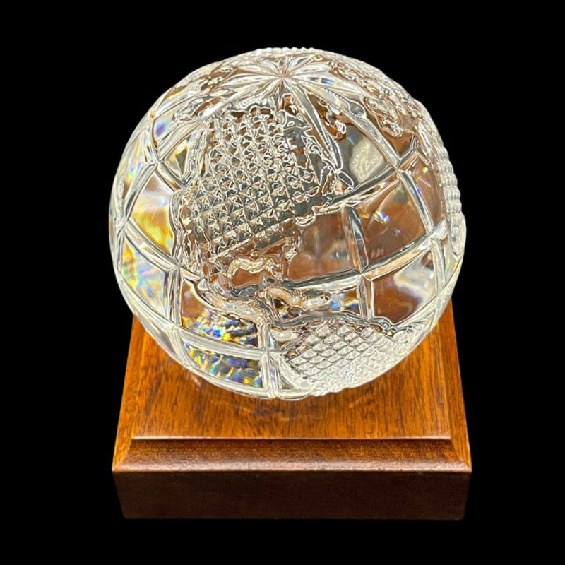 Waterford Crystal World Globe Paperweight Diamond Cut Art Glass Wood Base