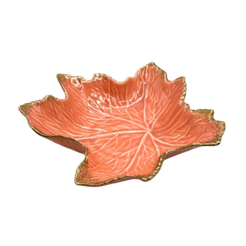 VTG California Pottery Maple Leaf Dish Coral Orange With Gold Trim USA 727