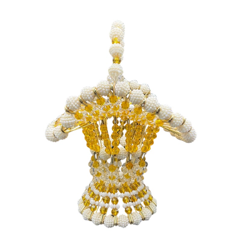 Vintage Handmade Beaded Safety Pin Basket Gold White Folk Art MCM