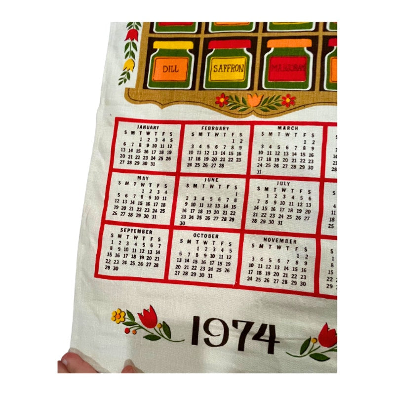 Vintage 1974 Spice Rack Calendar Tea Towel Herb Kitchen Wall Hanging Linen