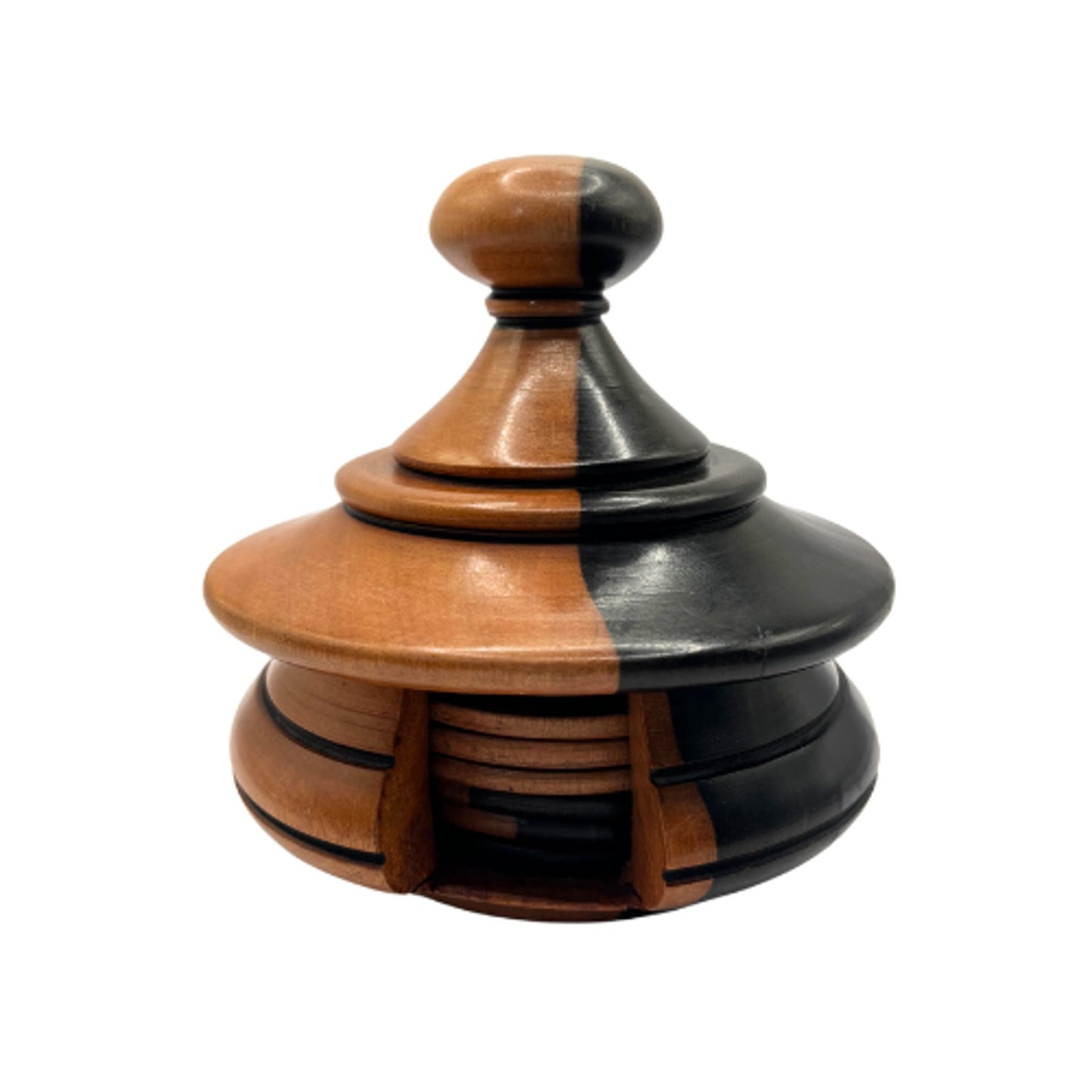 Novica Ebony African Wood Disk Coasters Set of 6 w/ Hut Lidded Caddy Warm Tones