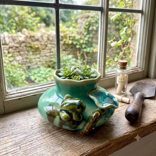 Vintage Majolica Style Ceramic Frog Planter Whimsical Drip Glaze Home Decor