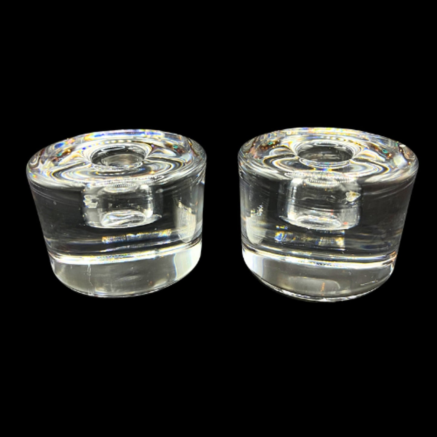 Orrefors Sweden Mid Century Crystal Puck Style Candlestick Holder Set of 2 Signed "FO" Frank Orrefors