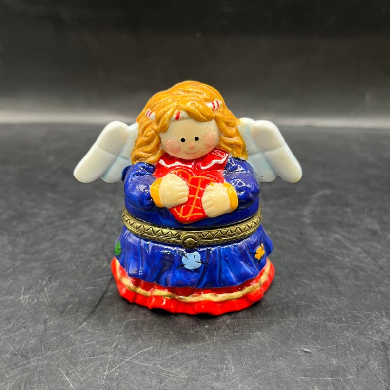 Vintage Ceramic Angel Hinged Trinket Box Blue Dress Red Heart 3 Inch
