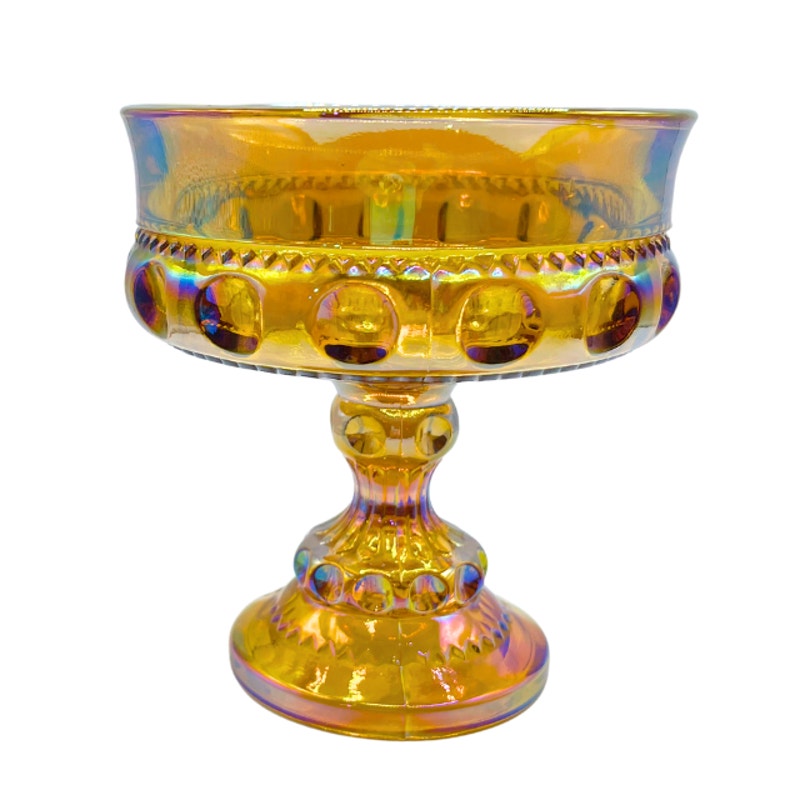 Vintage Indiana Glass Kings Crown Marigold Carnival Glass Pedestal Compote Dish