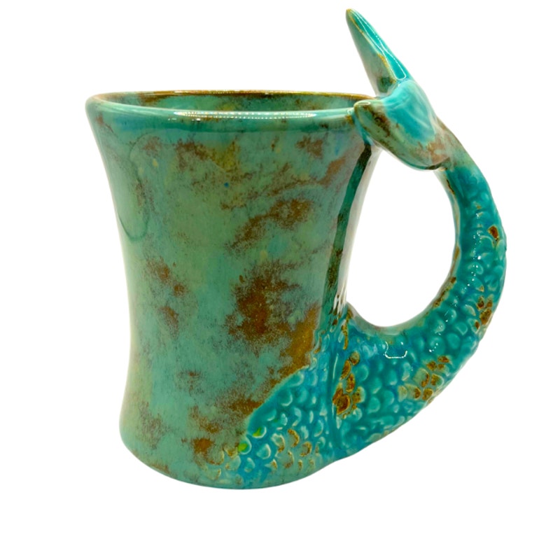 Vintage Studio Pottery Mug Mermaid Tail Handle Turquoise Teal Green Coffee Cup