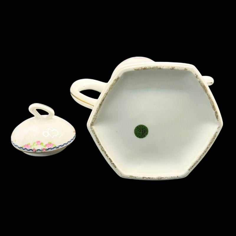 Antique French Limoges Tea Set Blue Ginham Pink Rose  19Pc  Charles Ahrenfeldt