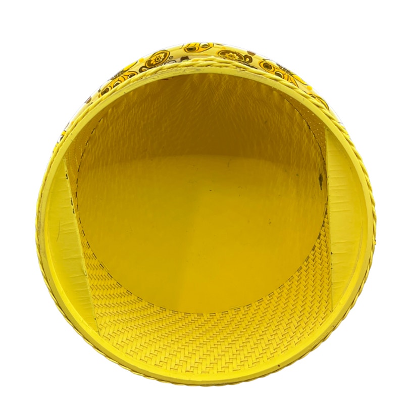 Vintage Yellow Woven Sewing Basket Retro Butterfly Padded Lid Handle 10"
