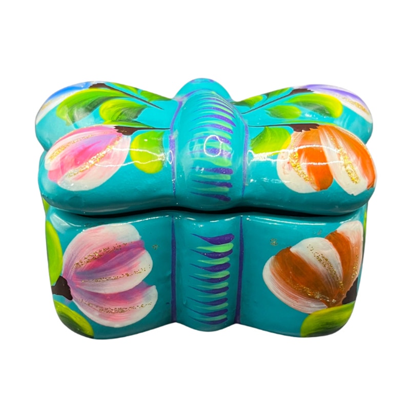 Vintage Mexican Folk Art Butterfly Pottery Trinket Box Turquoise Floral