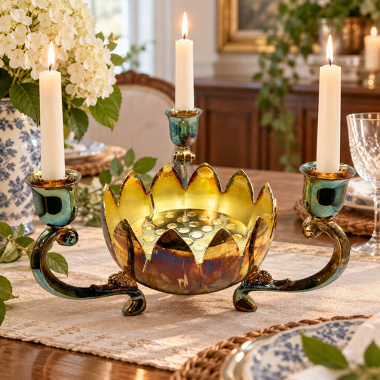 Vintage Hong Kong Silver Plate Lotus Flower Frog Candelabra Centerpiece Patina