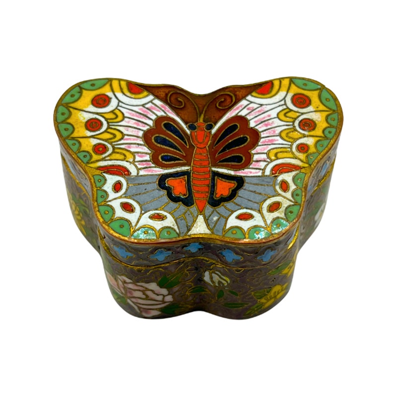 Vintage Chinese Cloisonne Enamel Butterfly Trinket Pill Box