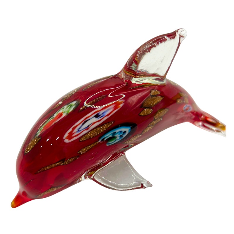 Murano Style Red Aventurine Dolphin Sculpture Blown Art Glass with Millefiori