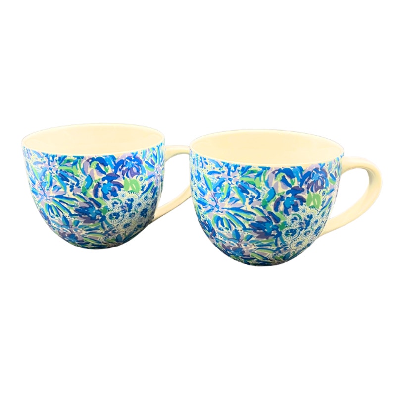 Lilly Pulitzer Ceramic Coffee Mugs Blue Floral High Maintenance Set of 2