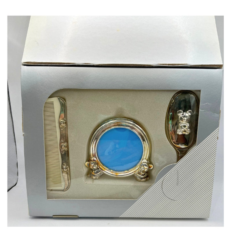 Vintage Silver Plated Baby Gift Set Teddy Bear Frame Brush Comb w/ Original Box