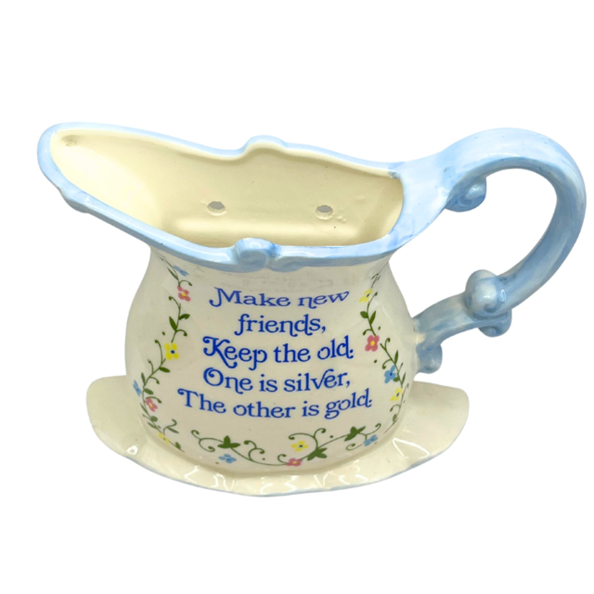 Vintage Lorrie Design Wall Pocket Floral Pottery Pitcher Basin Blue Trimming