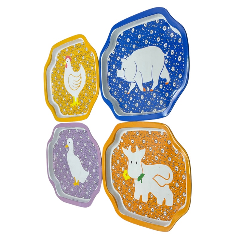Vintage Farm Animal Small Trays Set of 4 Calico Floral Kitsch Country Kitchen