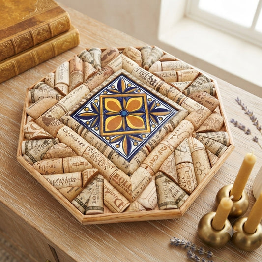 11” Octagon Cork Lazy Susan with Beautiful Cobalt Blue and Gold Tile