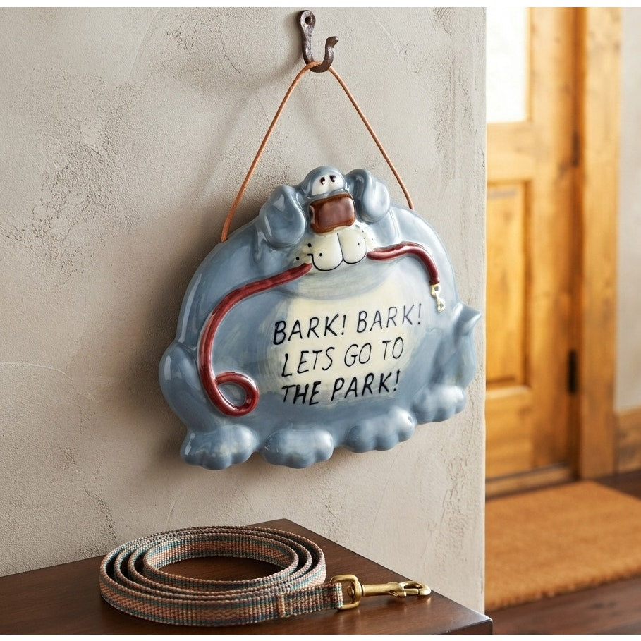 Vintage Russ Berrie BARK BARK LET'S GO TO THE PARK Gray Dog Ceramic Wall Plaque