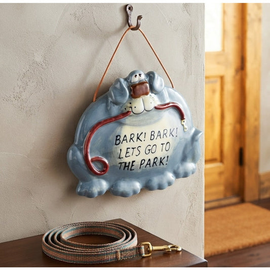 Vintage Russ Berrie BARK BARK LET'S GO TO THE PARK Gray Dog Ceramic Wall Plaque