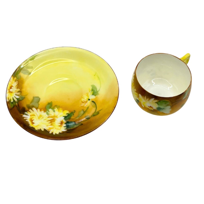 Antique Limoges Porcelain Teacup and Saucer Hand Painted Signed Edith V. Snall