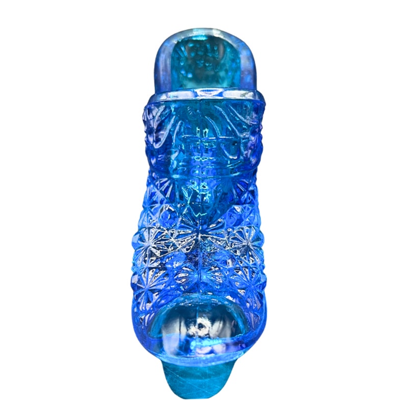 LE Smith Blue Glass Slipper Shoe Daisy Button UV Glow Vintage Figurine