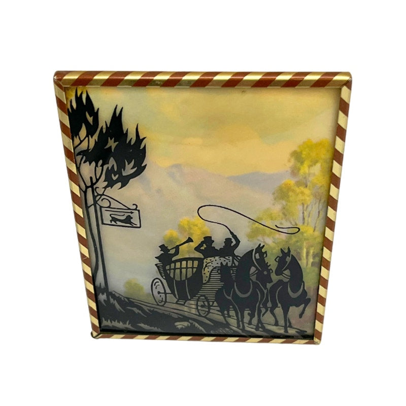 Vintage Reverse Painted Silhouette Horse-Drawn Carriage Scene