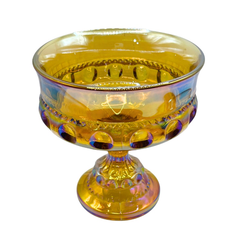 Vintage Indiana Glass Kings Crown Marigold Carnival Glass Pedestal Compote Dish