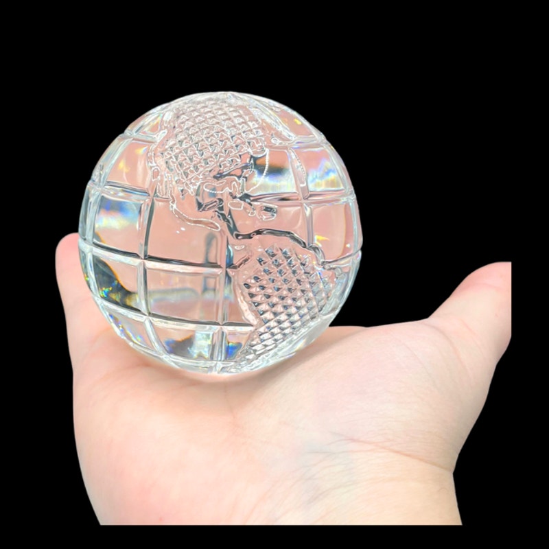 Waterford Crystal World Globe Paperweight Diamond Cut Art Glass Wood Base