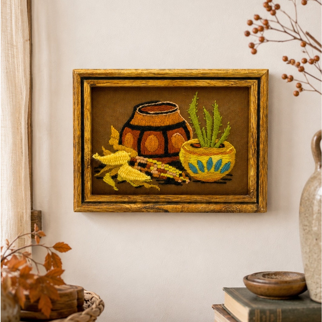 Vintage Sunset Stitchery Crewel Embroidery Kit #238 Indian Pottery Dan Trotter Framed