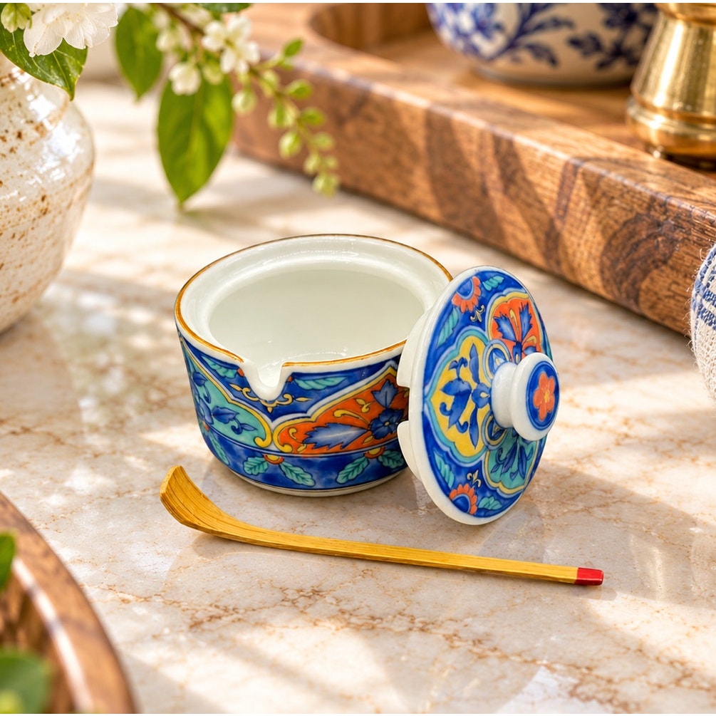 Vintage Chinese Porcelain Floral Mustard Pot Lid Wooden Spoon and Box