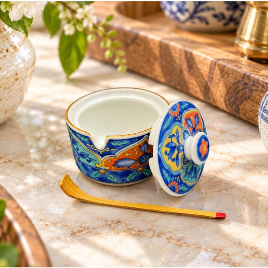 Vintage Chinese Porcelain Floral Mustard Pot Lid Wooden Spoon and Box