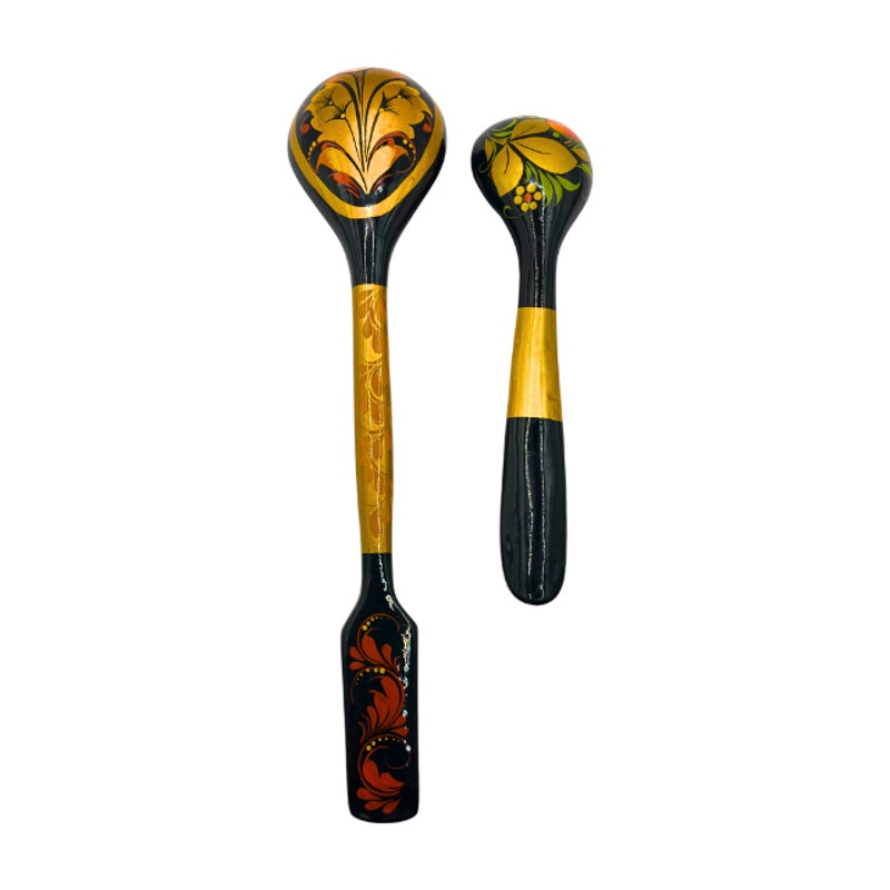 Vintage Russian Stpgoods Khokhloma Wooden Spoons Hand Painted Black  Lacquer Gold Berry Design