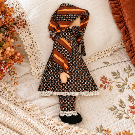 Vintage Handmade Fabric Folk Art Doll Hooded Dress Patterned Lace Trim 18 Inch