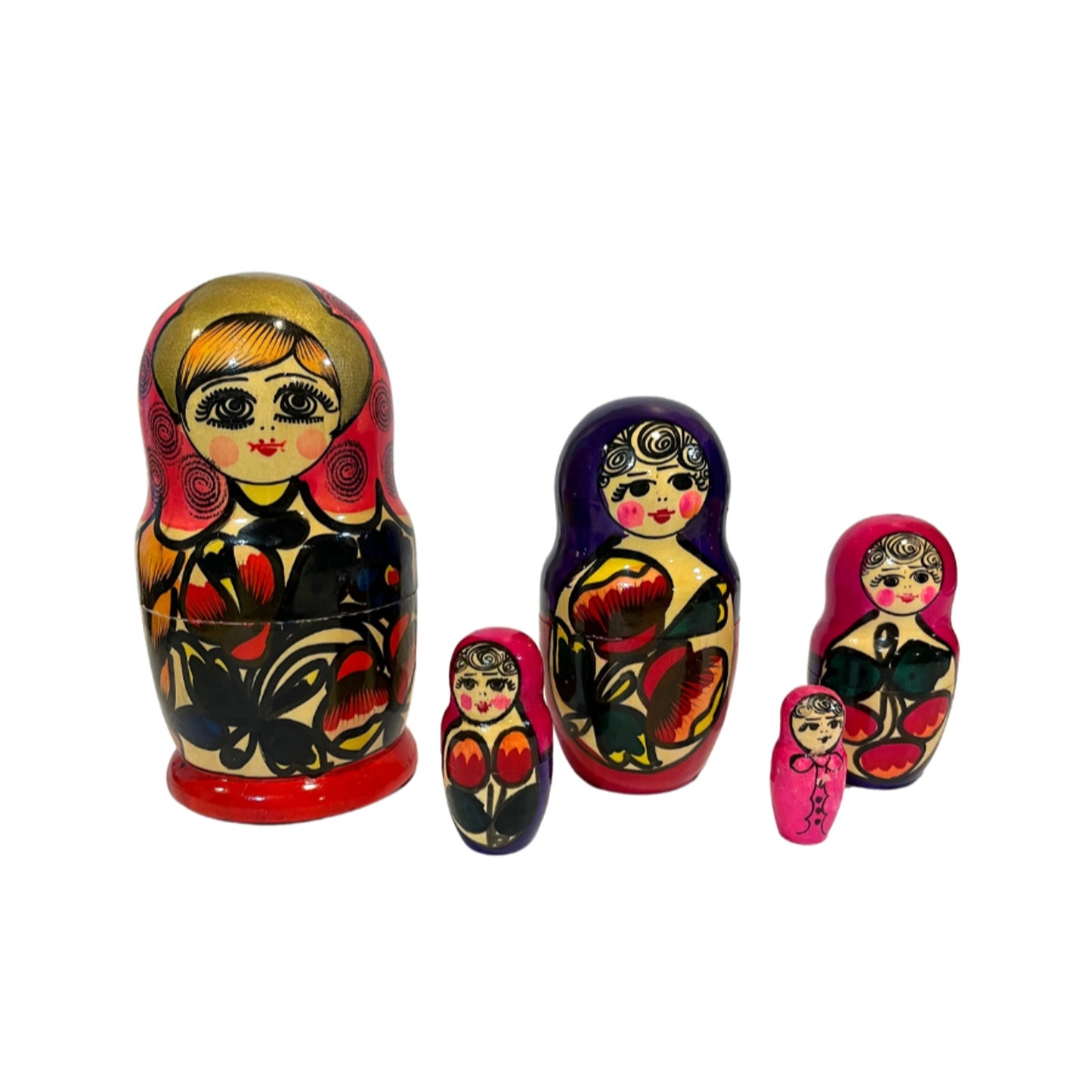 Vintage Russian Matryoshka Nesting Dolls Red Pink Purple Floral Design Set of 5