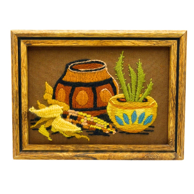 Vintage Sunset Stitchery Crewel Embroidery Kit #238 Indian Pottery Dan Trotter Framed