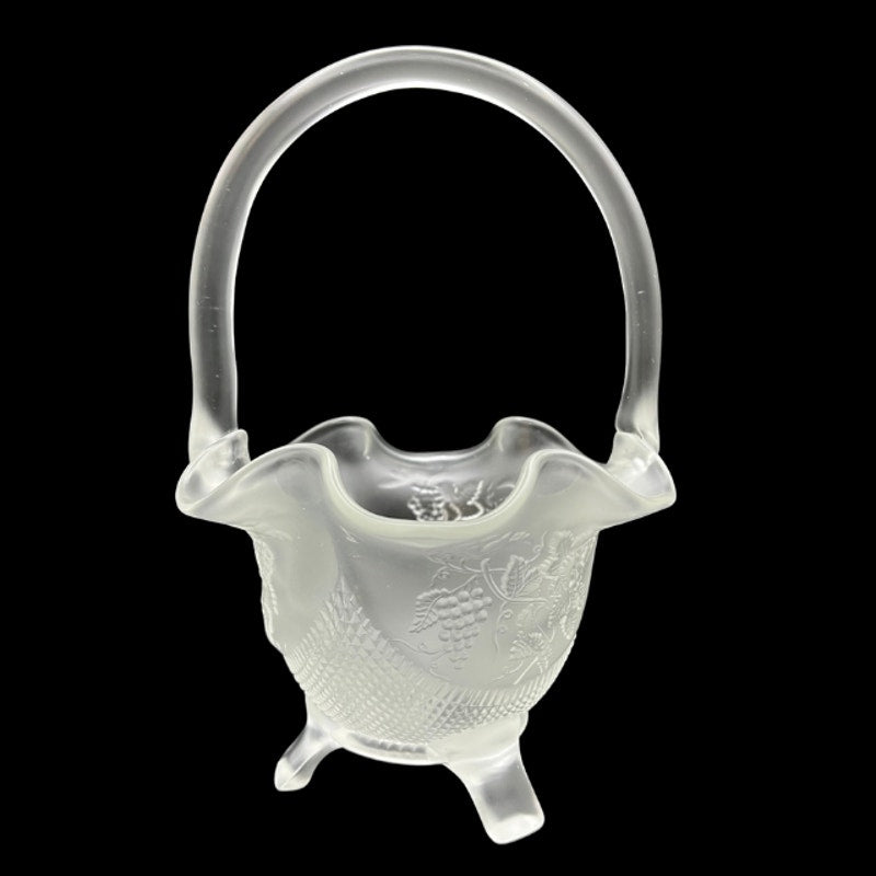Vintage Fenton Frosted Satin Glass Grape Vine Footed Basket Handle