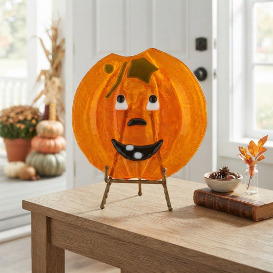 Handmade Fused Glass Pumpkin Jack O Lantern Trinket Dish Halloween Decor