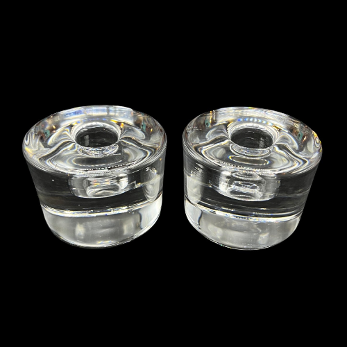 Orrefors Sweden Mid Century Crystal Puck Style Candlestick Holder Set of 2 Signed "FO" Frank Orrefors