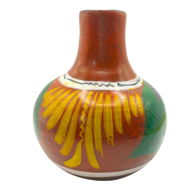 Vintage Mexican Terracotta Water Jug Hand Painted Floral Folk Art Approx. 6"