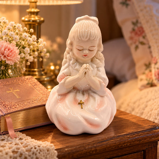 Vintage Praying Girl Porcelain Figurine Rosary Cross Pastel Religious Decor