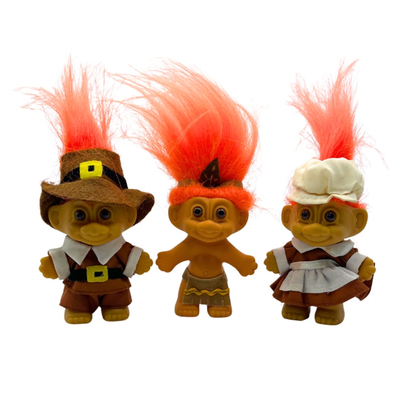 Vintage Russ Thanksgiving Troll Dolls Set 3 Fall Pilgrim Figures