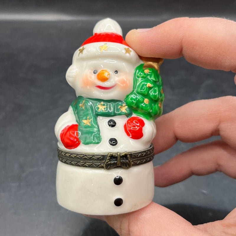 Vintage Ceramic Snowman Hinged Trinket Box Holiday Figurine Keepsake 3 In