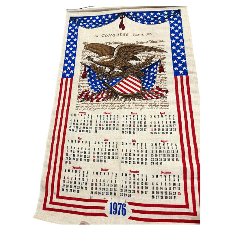 Vintage 1976 Bicentennial Linen Calendar Wall Hanging Tea Towel American Eagle