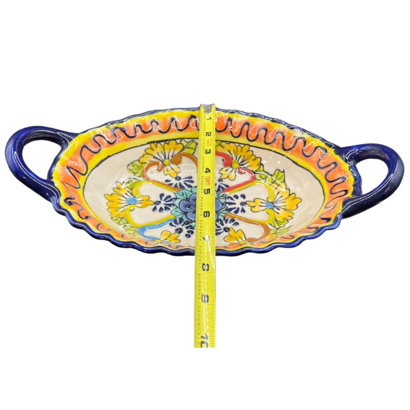 Vintage Mexican Pottery Oval Serving Dish Double Handle Hand Painted Floral