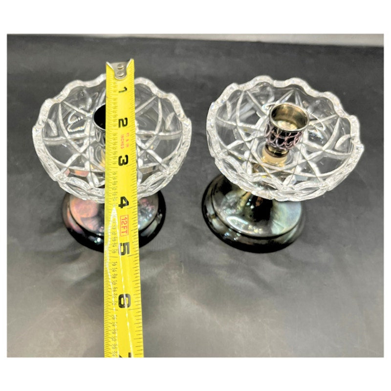 Vintage Landes Italy Silver Plated & Cut Crystal Taper Candle Holders Set of 2